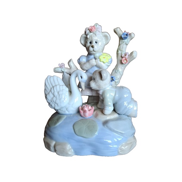 The Unbranded Brand Other - VINTAGE Mama Bear Baby Bear Swan Musical Box Porcelain 6 1/2" Tall - EUC